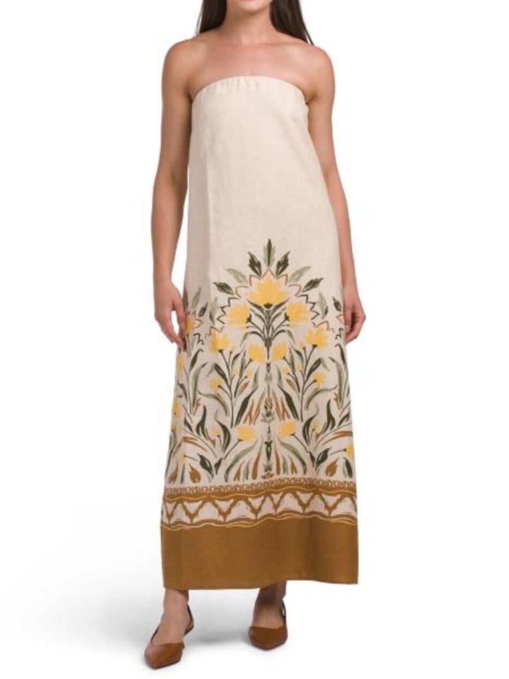 Magaschoni NWT Strapless Print Maxi Dress X Small Linen Blend Creme